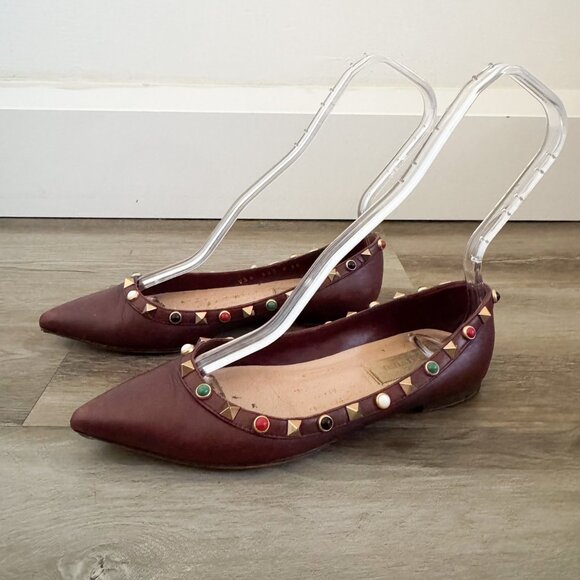 Valentino Garavani Rockstud Jewel Burgundy Pointed Toe Flats EU 35 - Picture 1 of 6